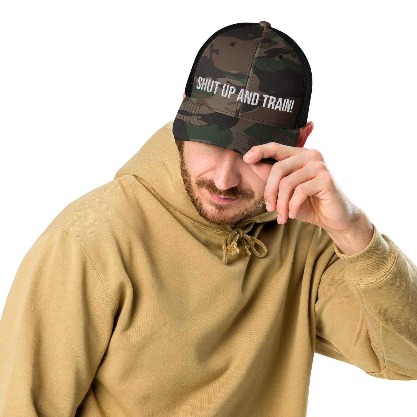 Shut Up And Train Camouflage trucker hat