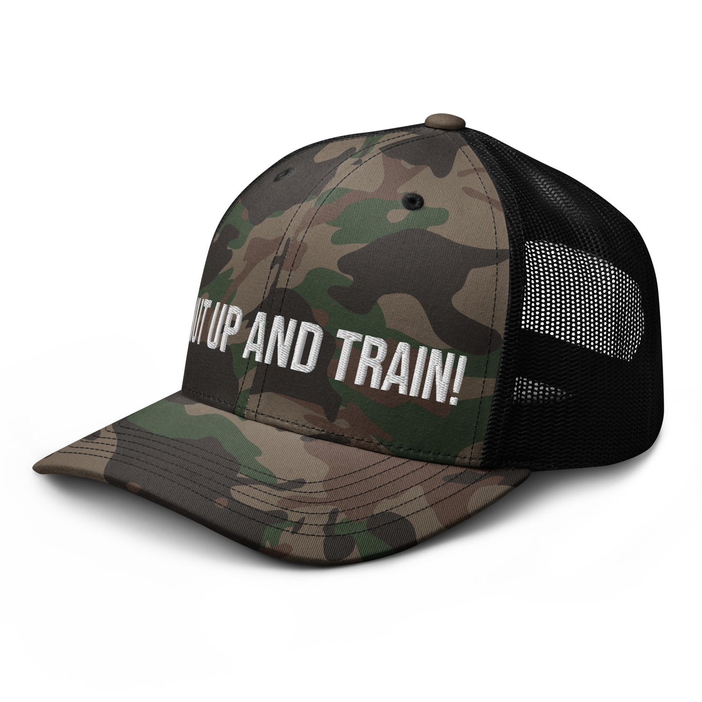 Shut Up And Train Camouflage trucker hat
