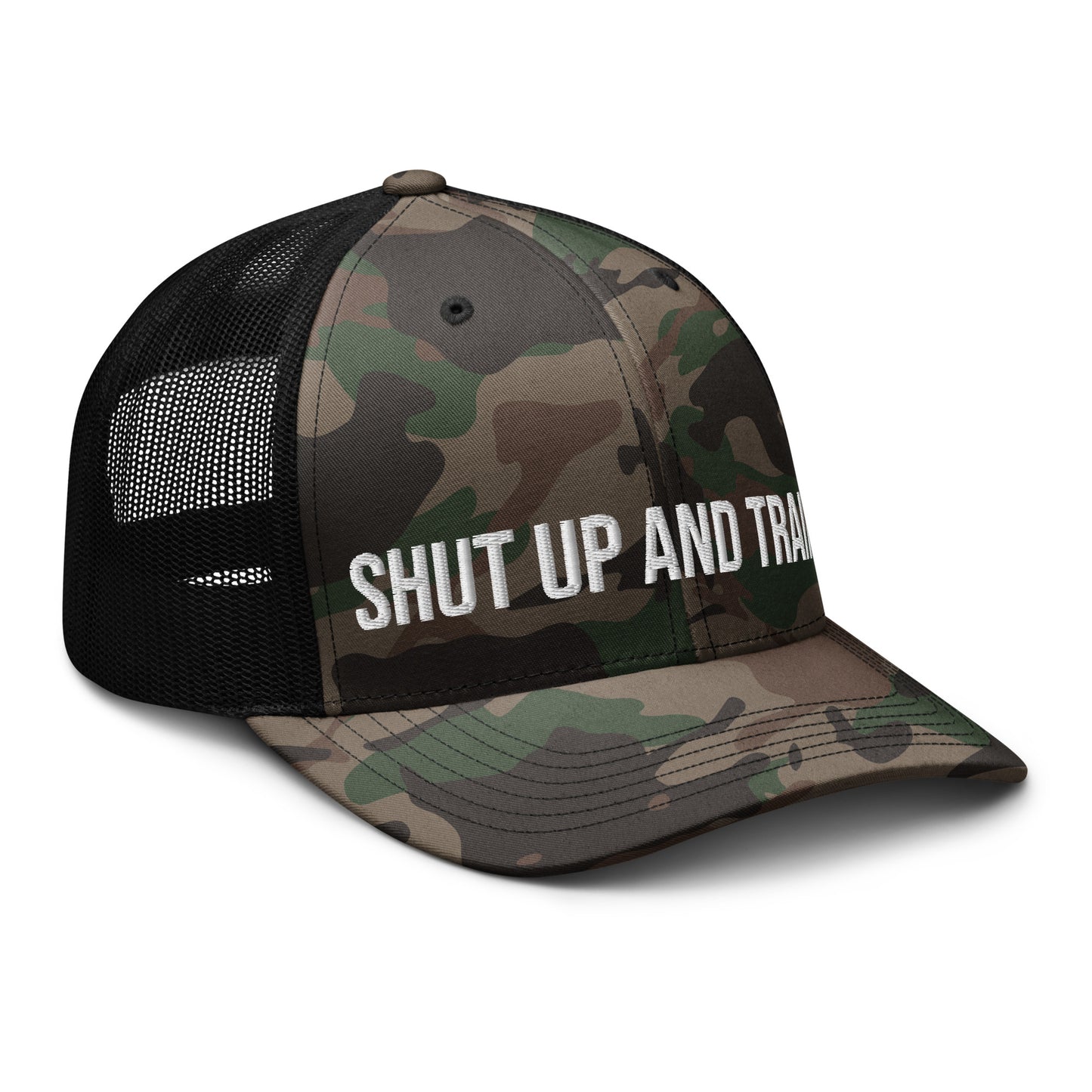 Shut Up And Train Camouflage trucker hat