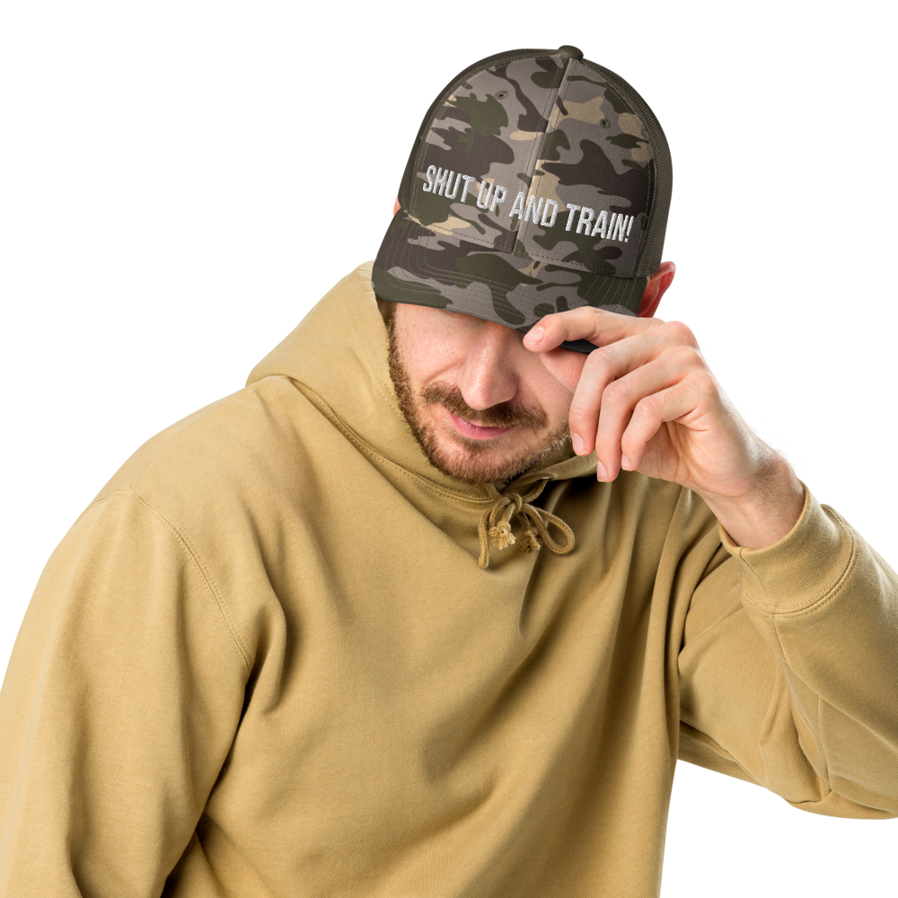 Shut Up And Train Camouflage trucker hat