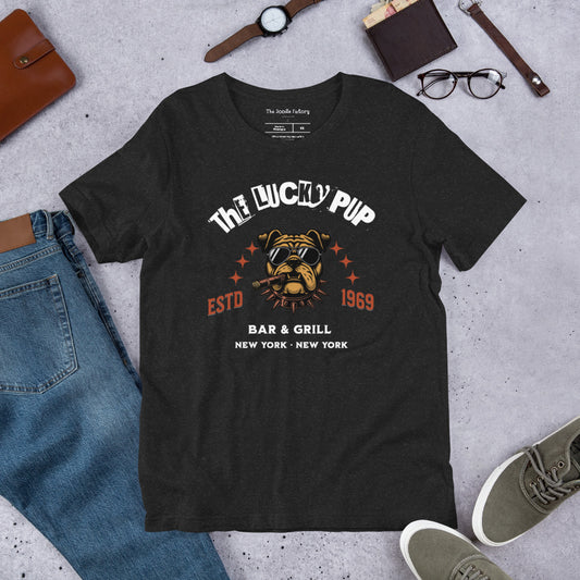 The Lucky Pup Bar & Grill (white lettering) Unisex t-shirt
