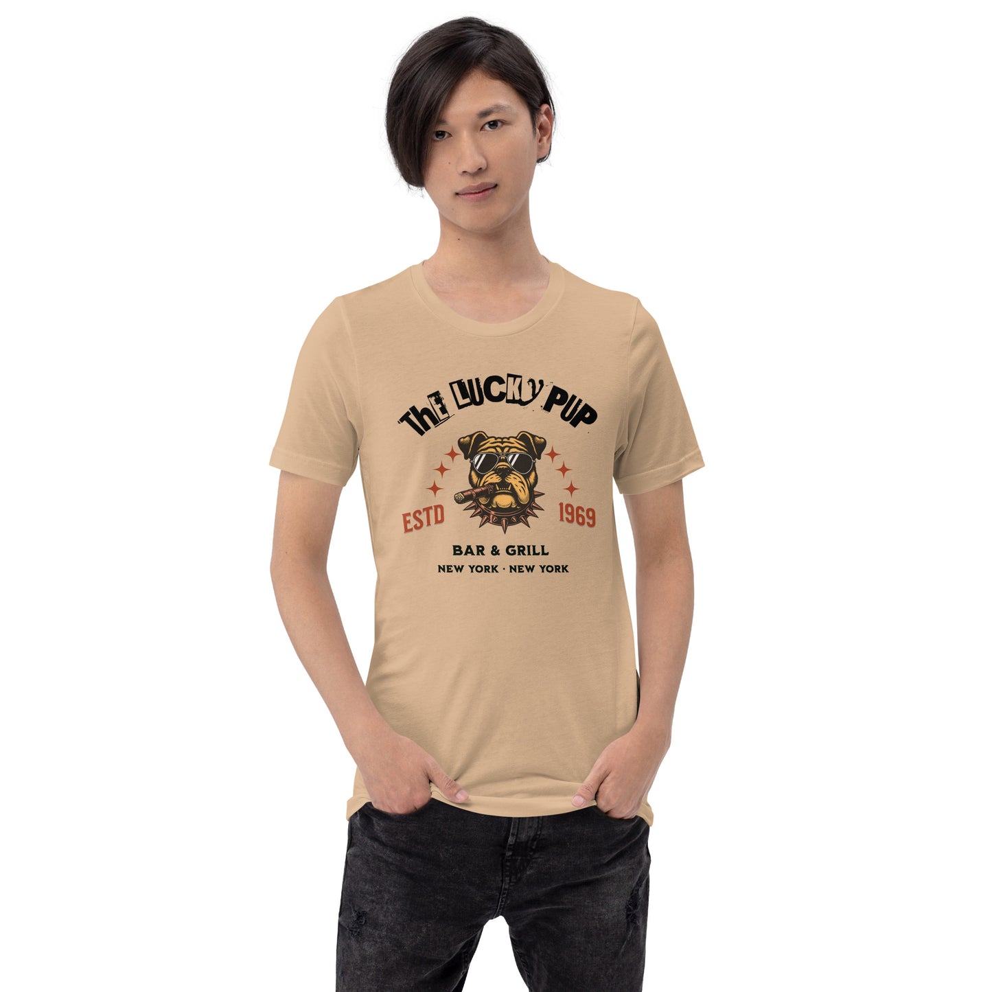 The Lucky Pup Bar & Grill (black lettering) Unisex t-shirt