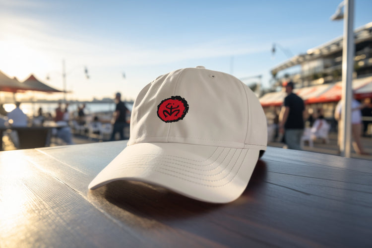 A grey dad cap with a paw print design with three stars on the front of the cap. 