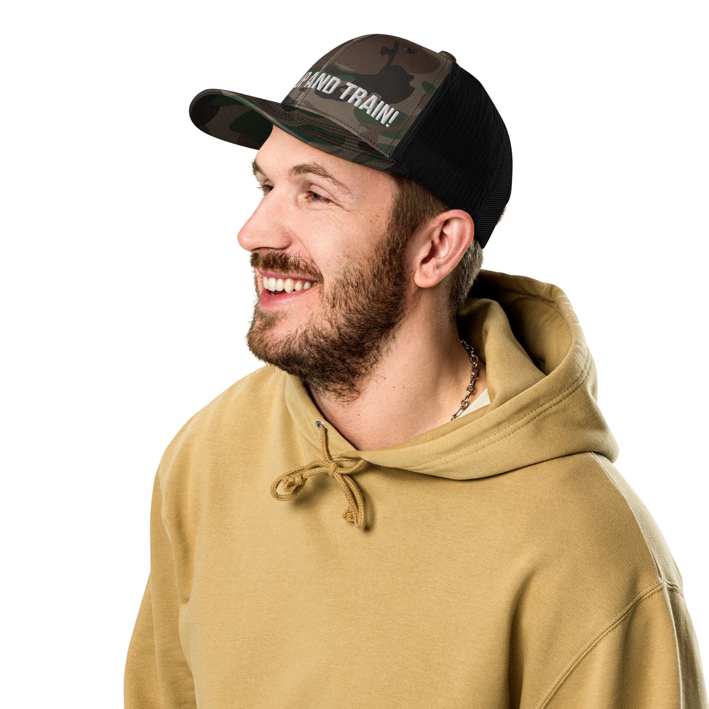 Shut Up And Train Camouflage trucker hat